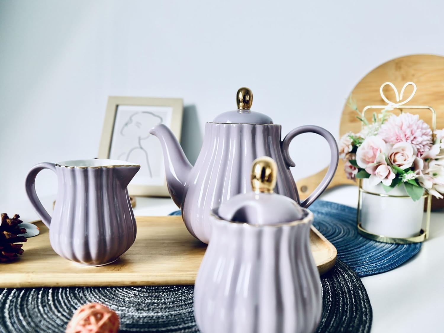 Euro Style Porcelain Tea Set Teapot Milk Jug Sugar Bowl Purple 920ml