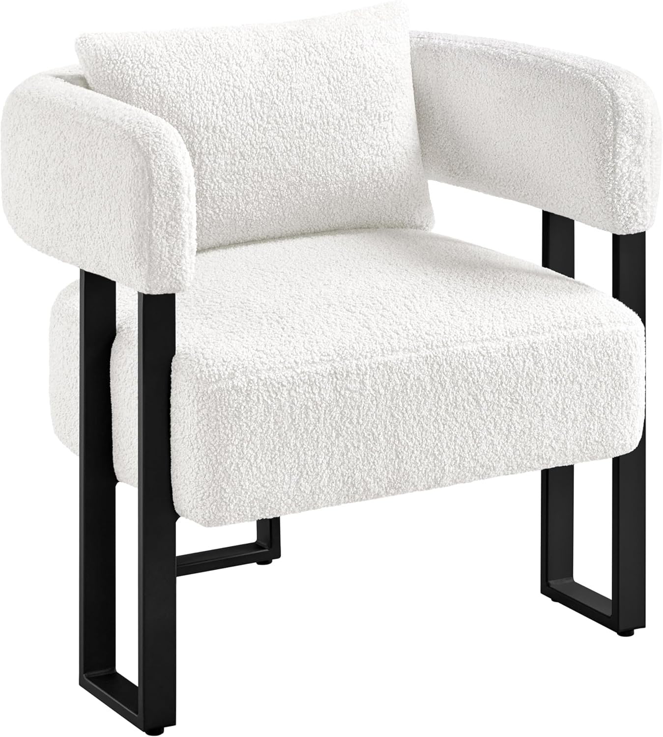 White Boucle Tub Accent Chair with Metal Legs & Lumbar Pillow