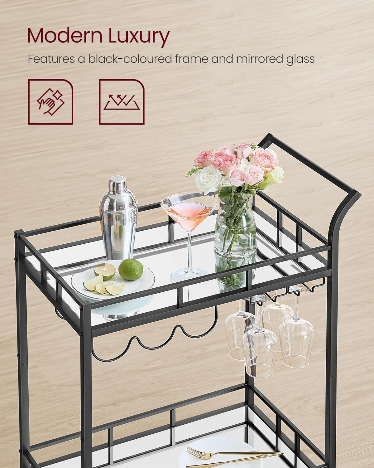 Black Drinks Trolley Bar Cart on Wheels with Wine & Glass Holders