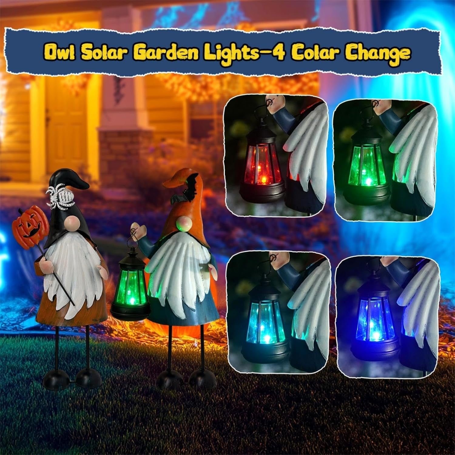 Halloween Metal Gnome Yard Art Statue Outdoor Decor | LED Lantern | 46cm