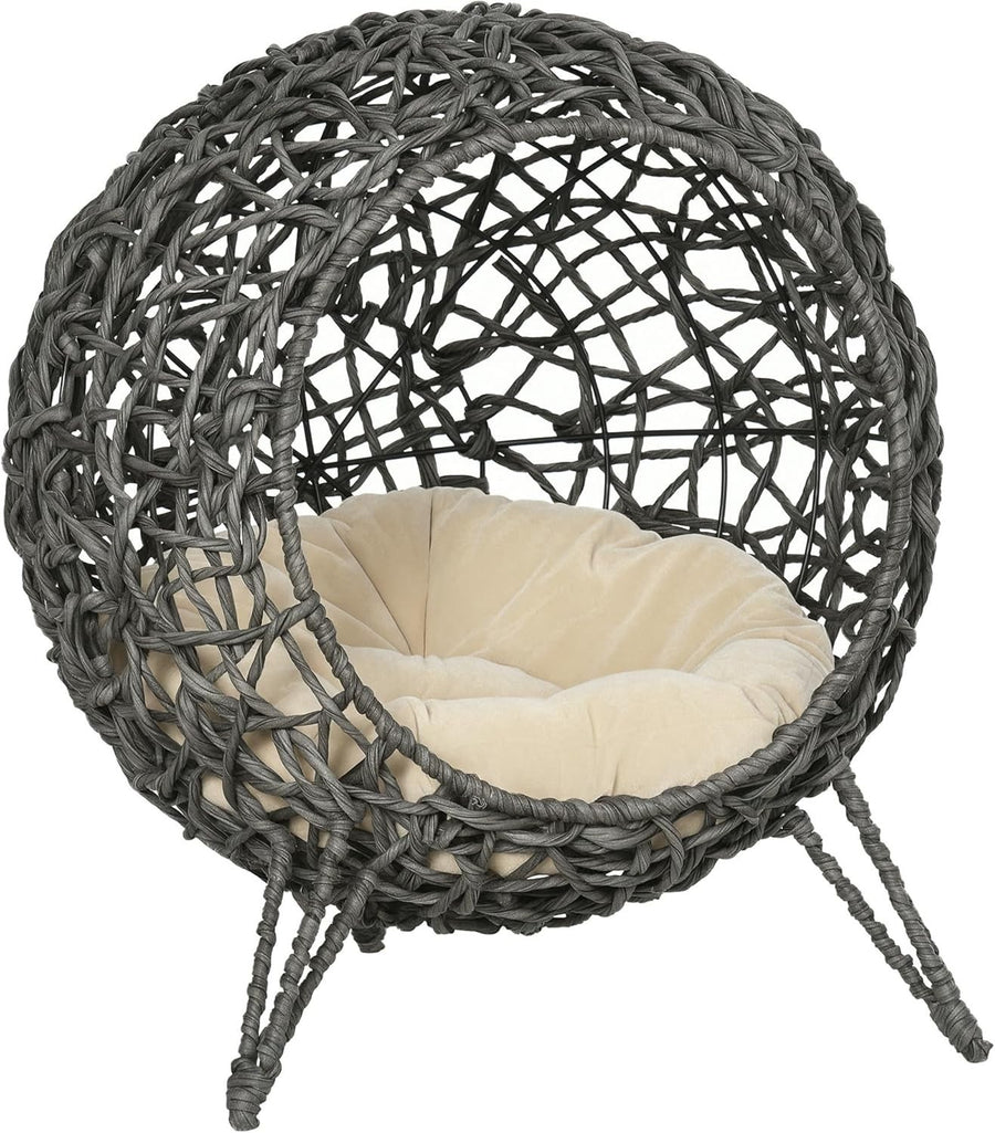 Rattan Elevated Cat Bed House Ball Shape w Cushion Ventilated Cave