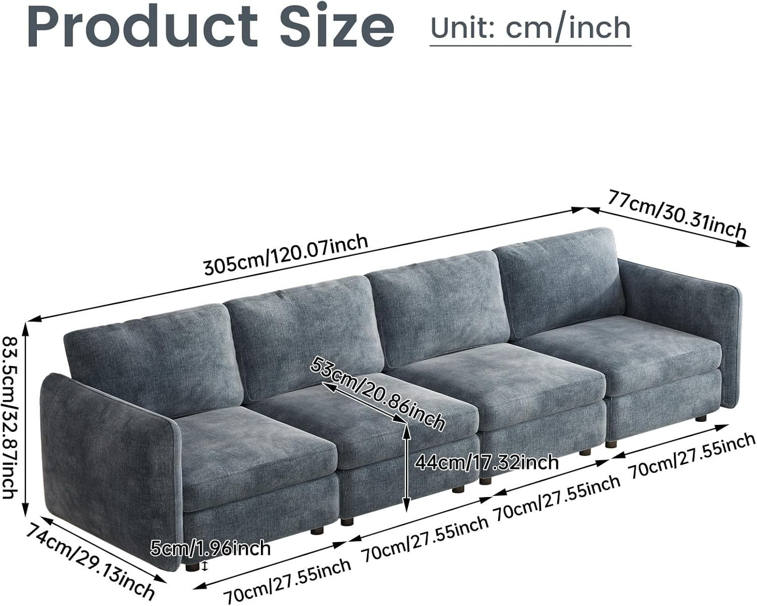 Modern 4 Seater Sofa Blue-Grey Deep Cushions 305CM Ergonomic Couch