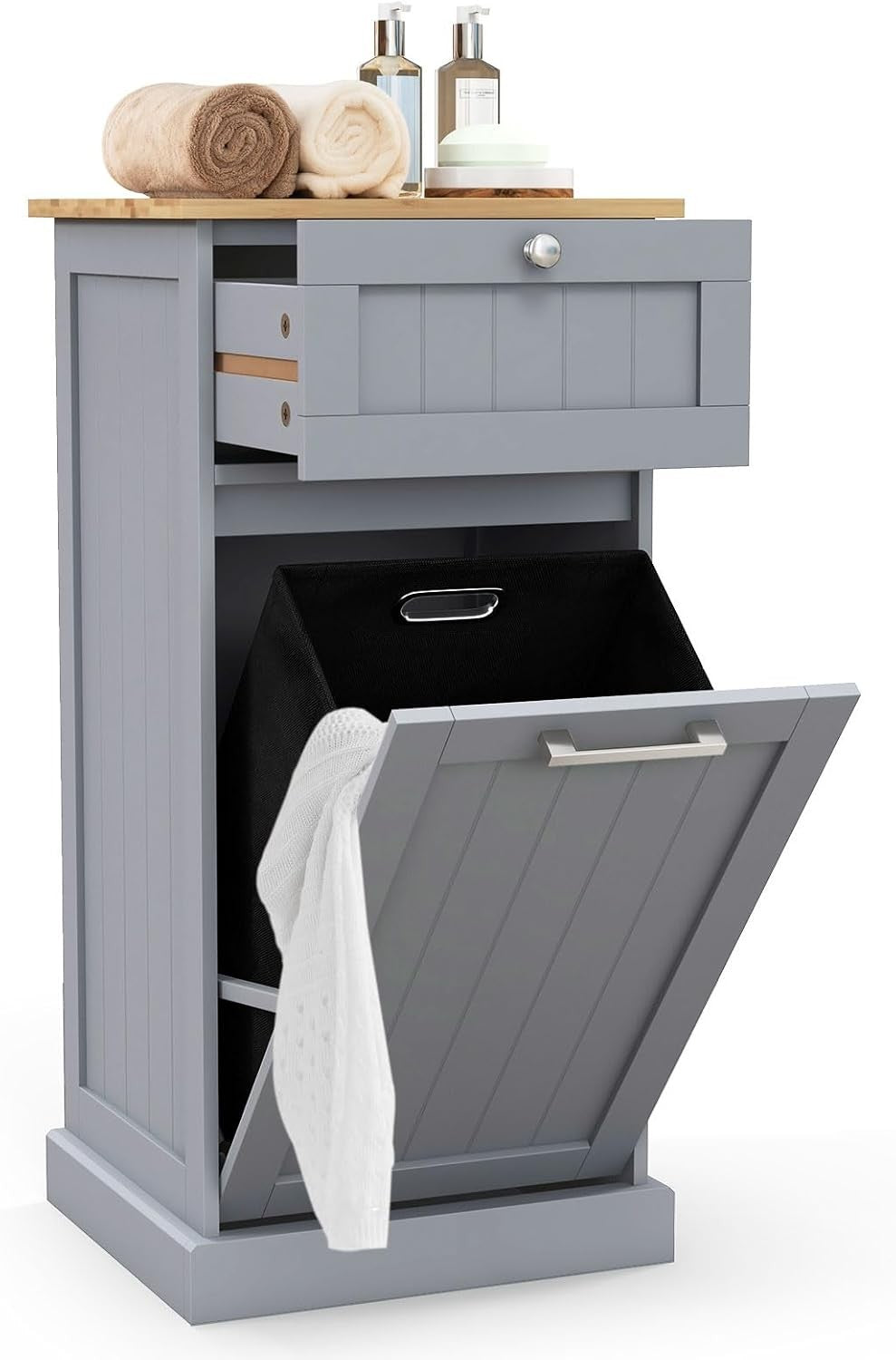 Tilt-Out Laundry Cabinet with Drawer & Removable Bin | Freestanding Bathroom Ham