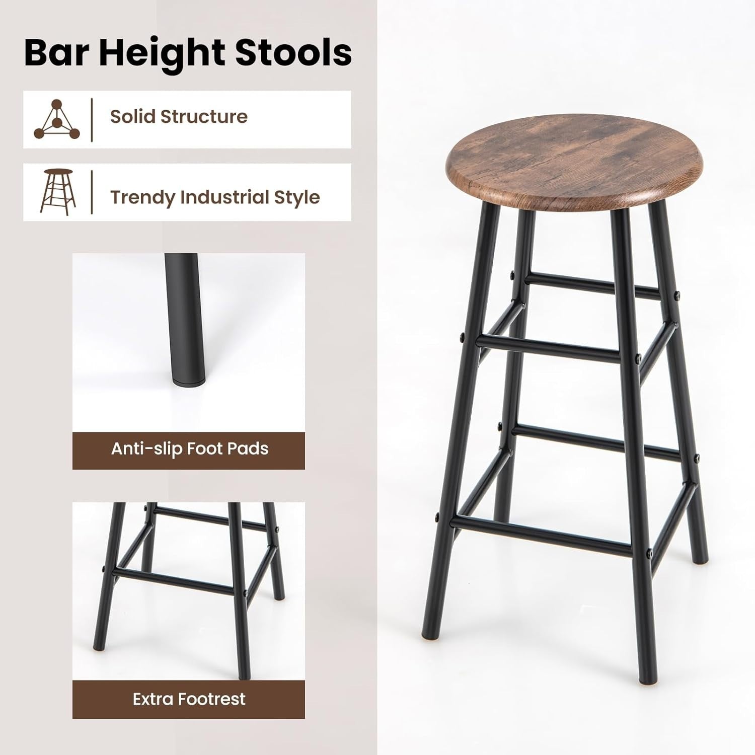 Rustic Brown Bar Table Set with Stools, Storage Shelves, Wine Rack & Foot Pads