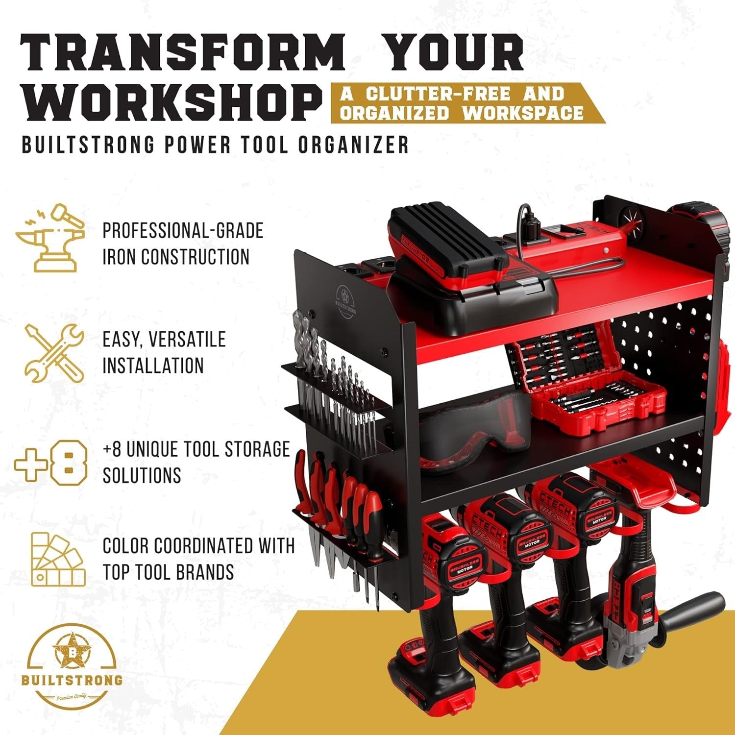 Heavy-Duty 3-Tier Red Tool Rack 43.7W x 22.1D x 35.6H cm – Garage Organizer