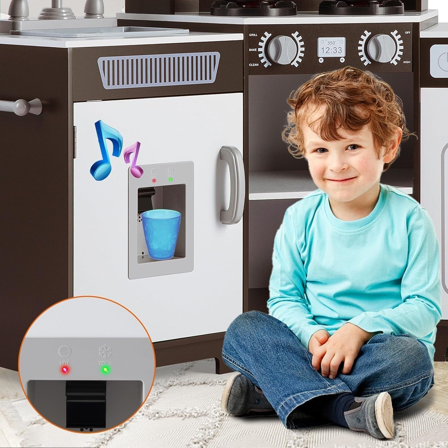 Corner Wooden Kids Play Kitchen Brown Lights Sounds Water Toy Set