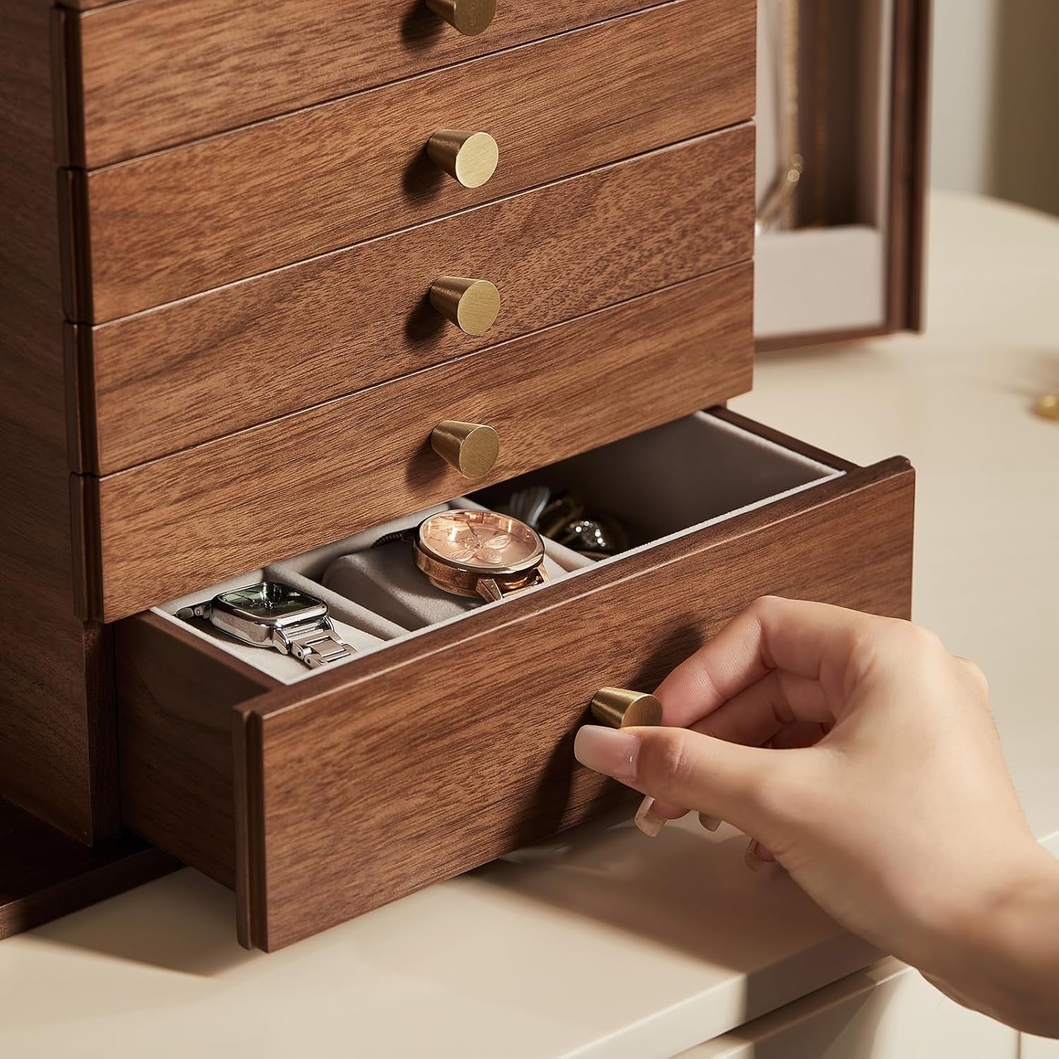 Walnut Wooden Jewelry Organizer Box Lockable Mirror 6 Layer Storage
