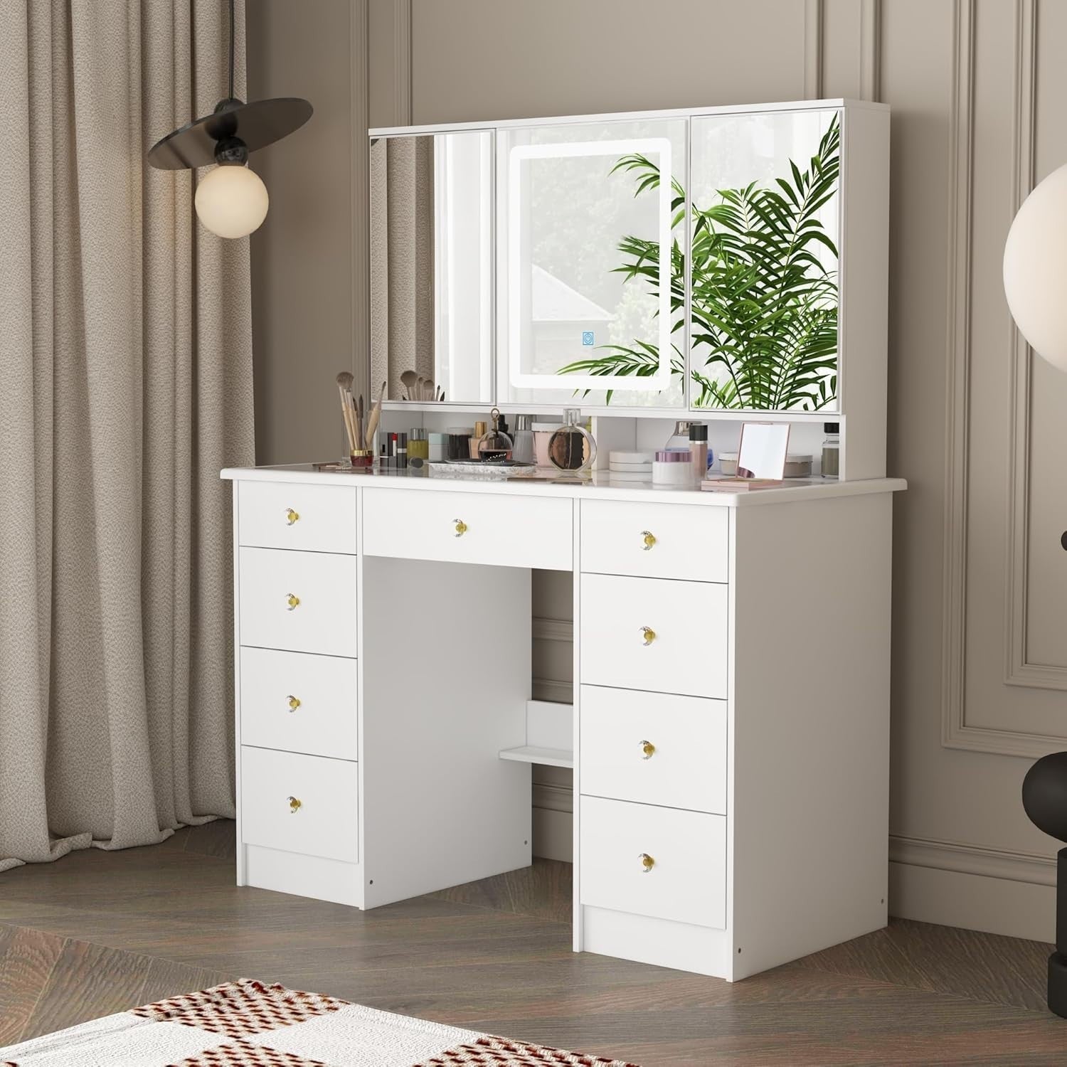 White Modern Vanity Desk Makeup Table LED Mirror 9 Drawers Glass Top Storage