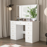 White Modern Vanity Desk Makeup Table LED Mirror 9 Drawers Glass Top Storage