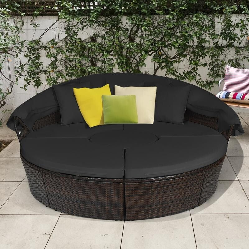 Round Rattan Outdoor Daybed with Retractable Canopy & Cushions Garden Set