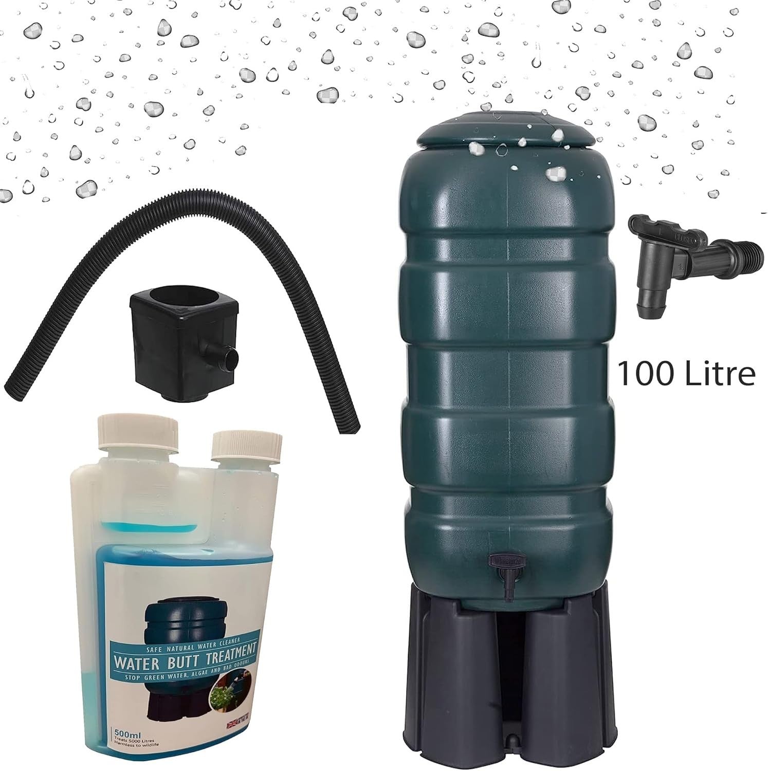 100L Water Butt with Tap, Diverter & Treatment Cleaner, Round, Garden Kit