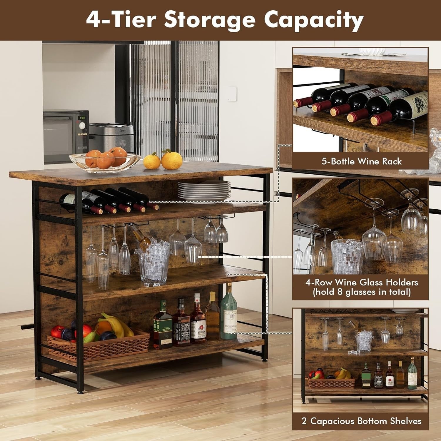 Industrial Kitchen Island Bar Table with Wine Rack & Shelves Home Counter Unit