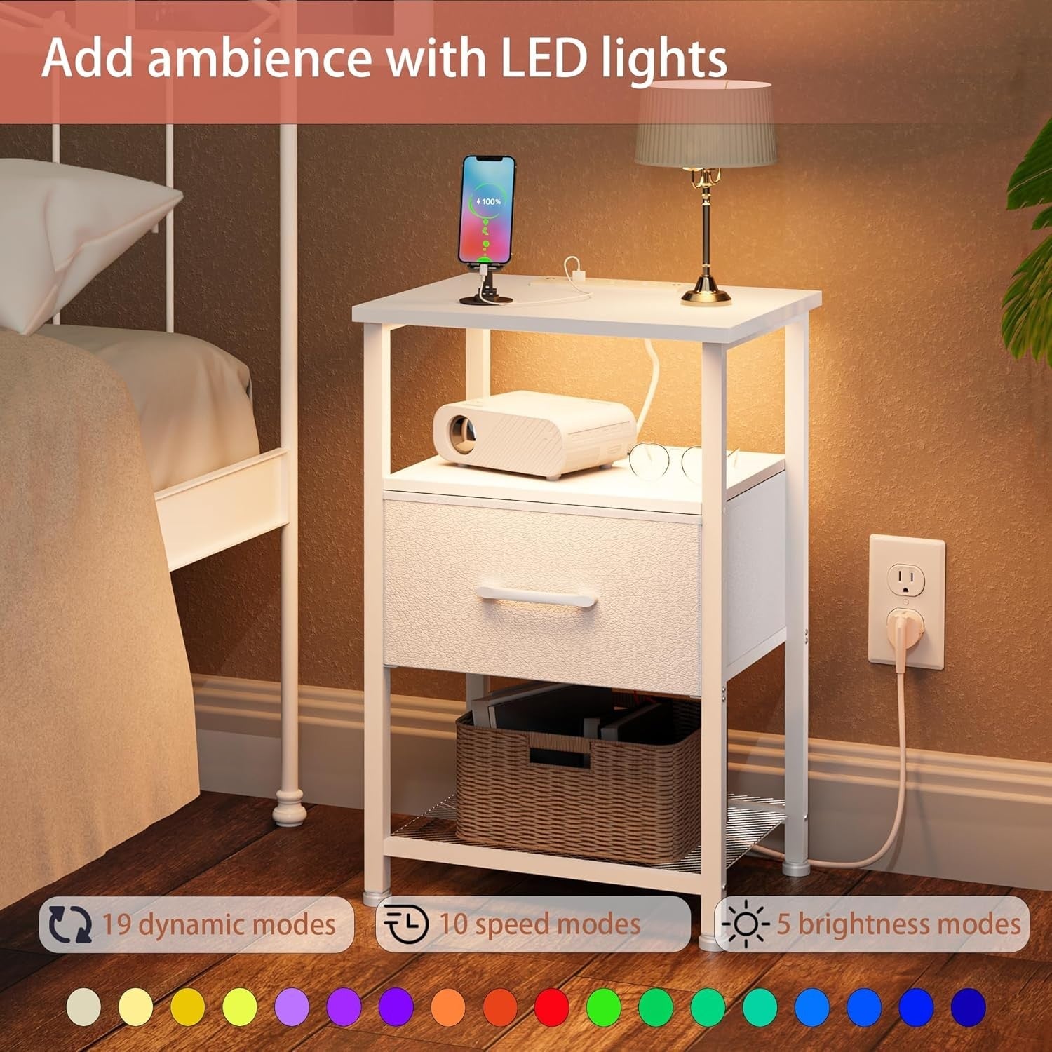 Set of 2 White LED Bedside Tables with Drawer & USB Charging Ports