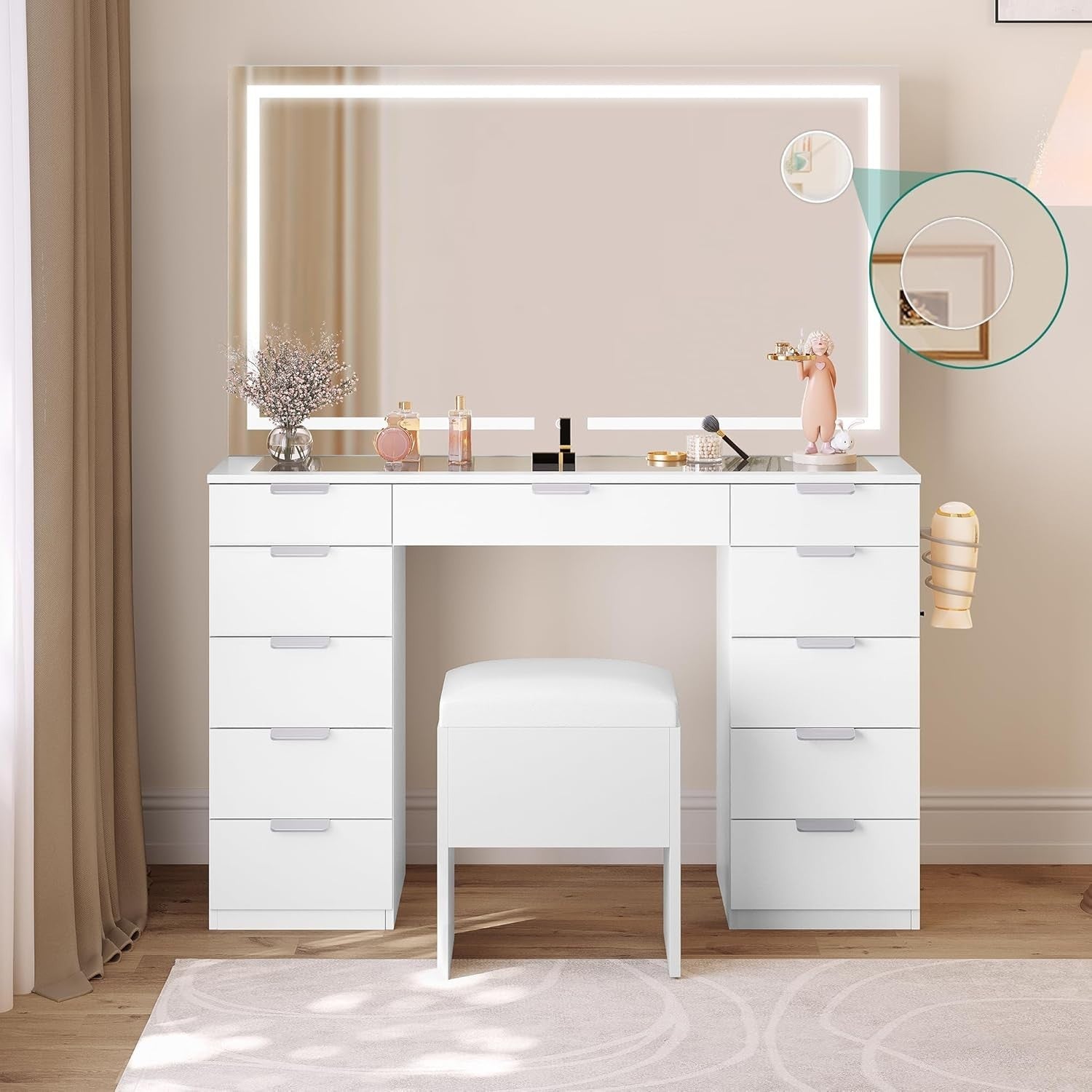 11-Drawer Makeup Vanity Desk with LED Light Mirror, Glass Top & Charging Station