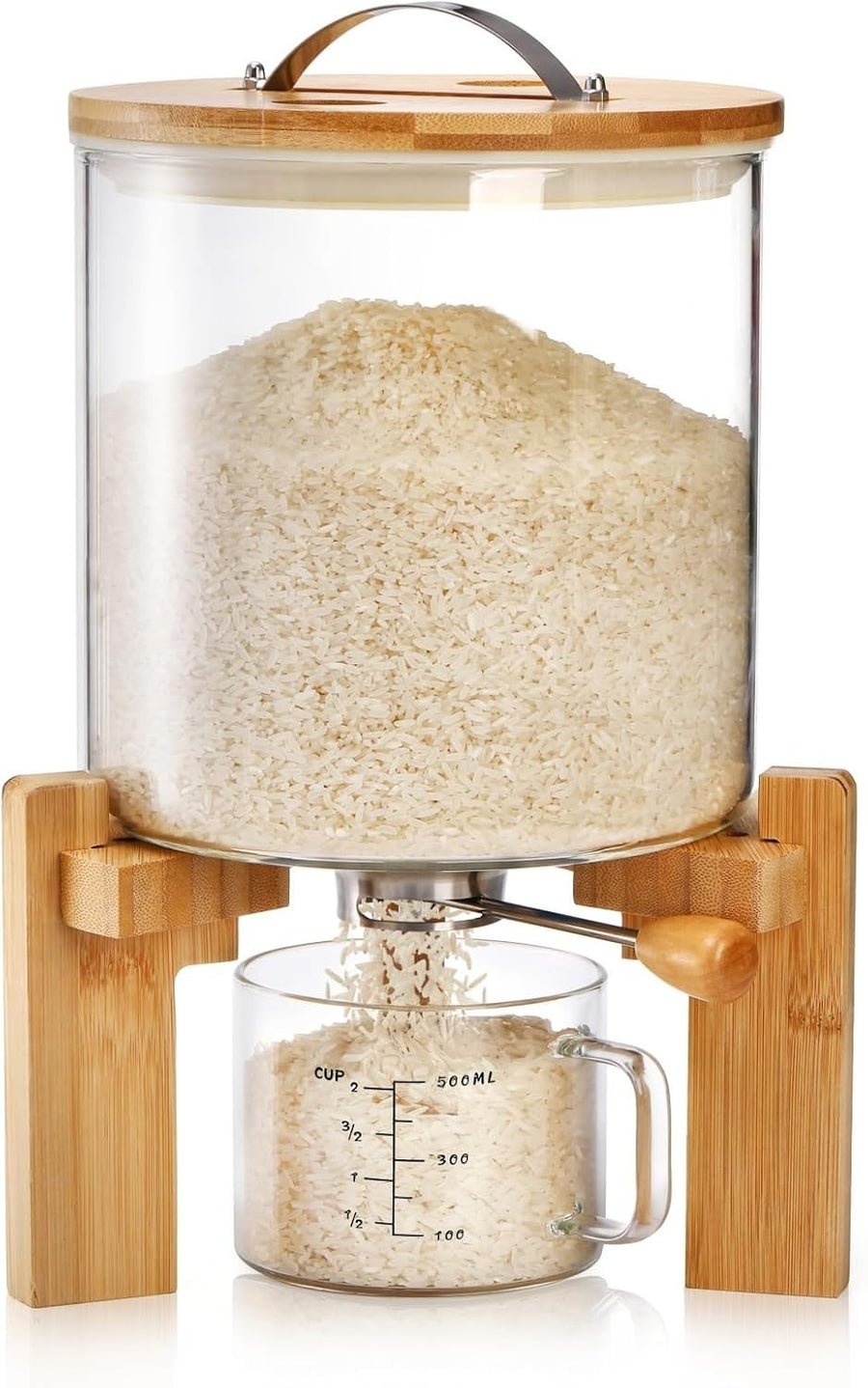5L Glass Rice Dispenser Airtight Bamboo Stand w Measuring Cup