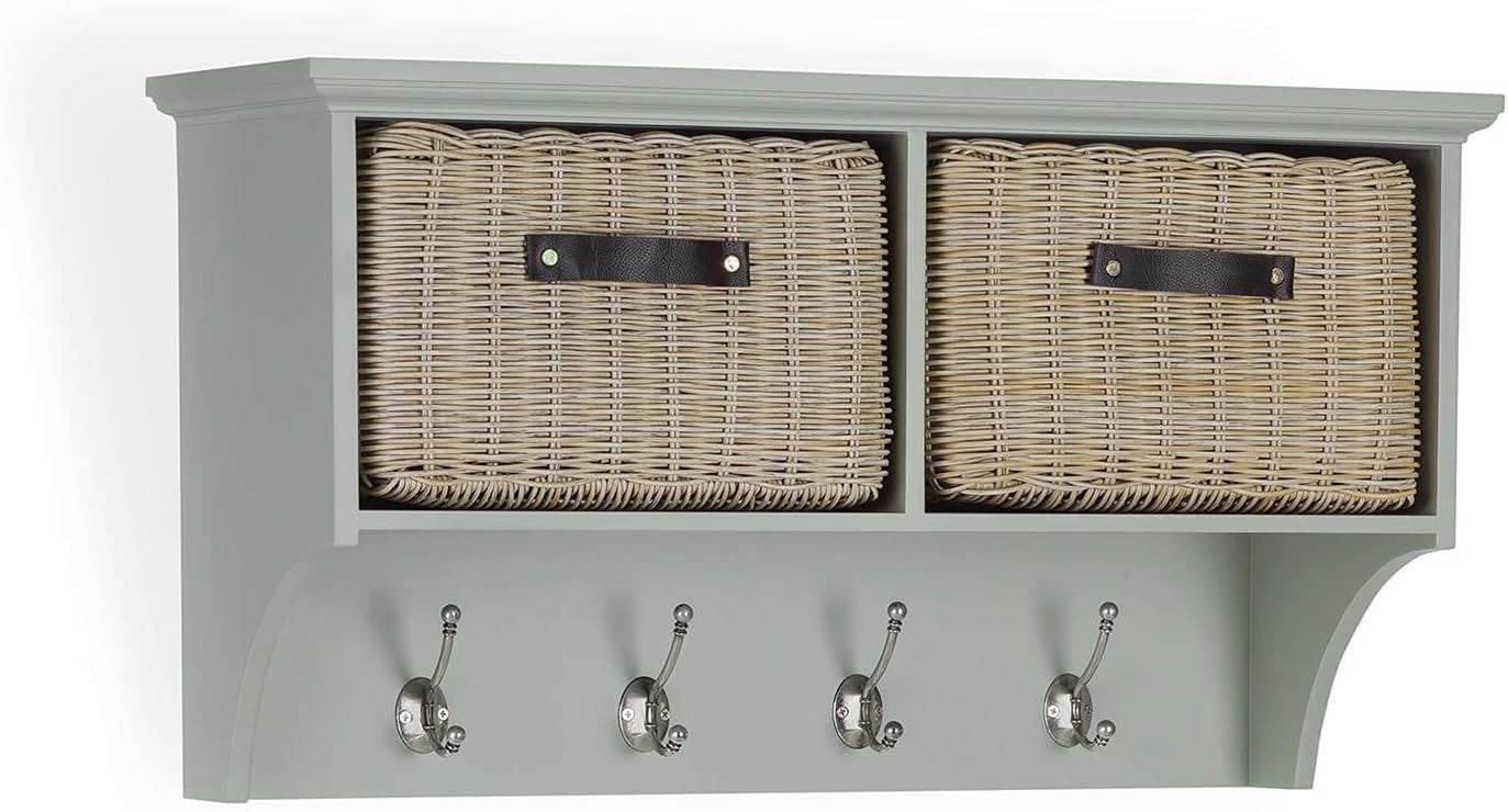 Wall Mounted Coat Rack with Baskets Sage Green Hallway Storage Shelf Unit