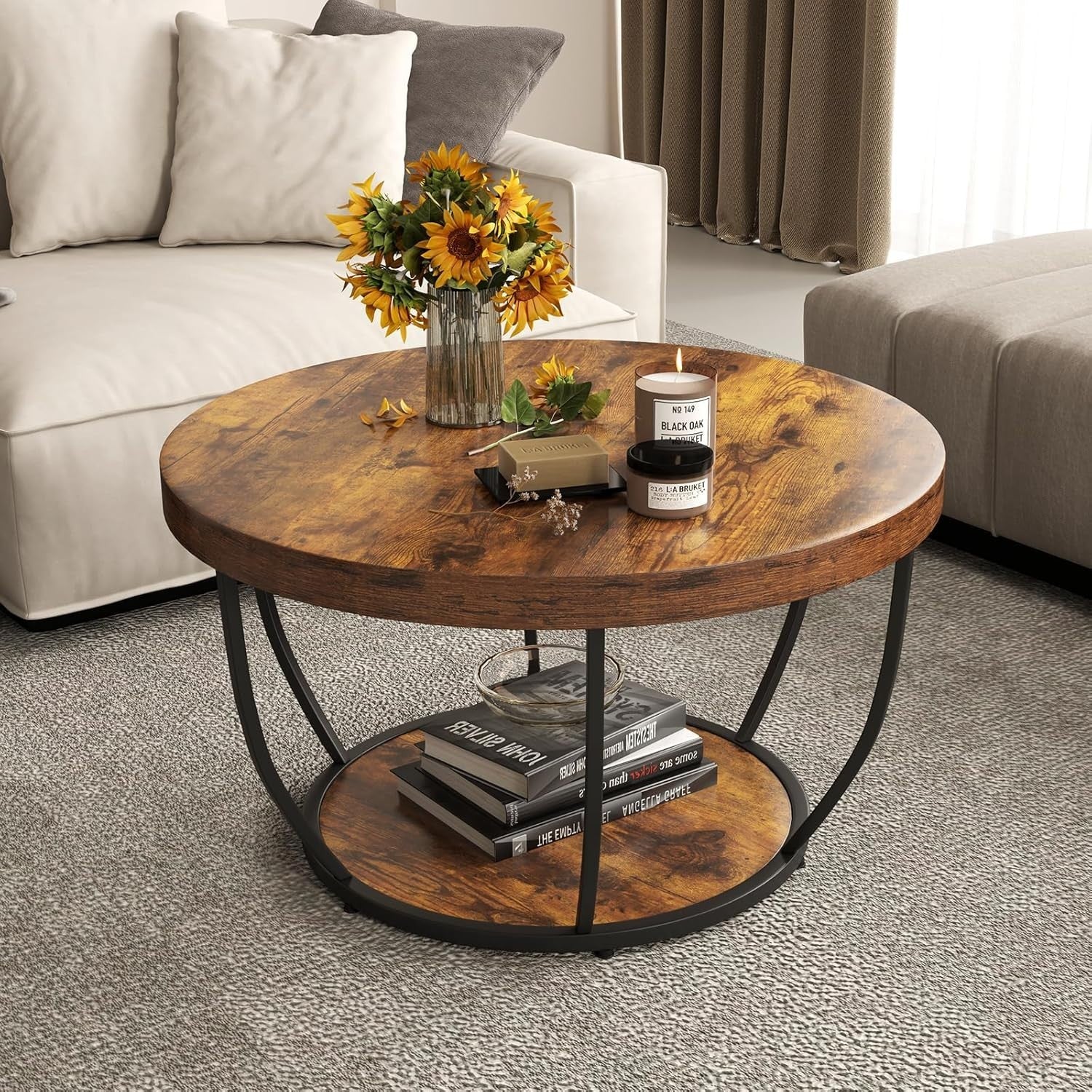 Round 2-Tier Coffee Table with Storage Shelf, Industrial Metal Frame, Rustic Bro