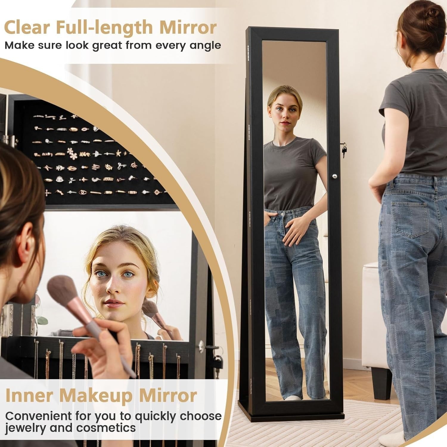 Rotating Jewelry Armoire Lockable Full Length Mirror Storage Cabinet