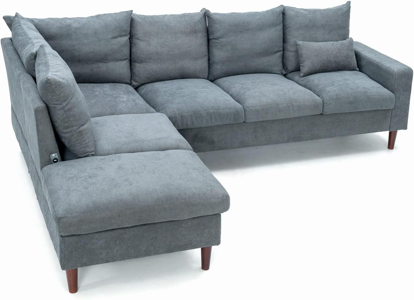6 Seater Corner Sofa with Chaise Grey Linen L Shape USB Charging Modern Couch