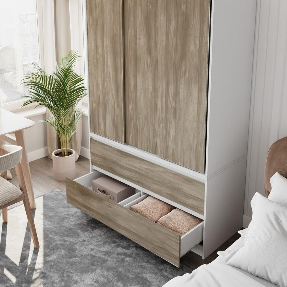 Sliding Door Wardrobe 4 Drawer Oak White Storage Rail Bedroom Closet
