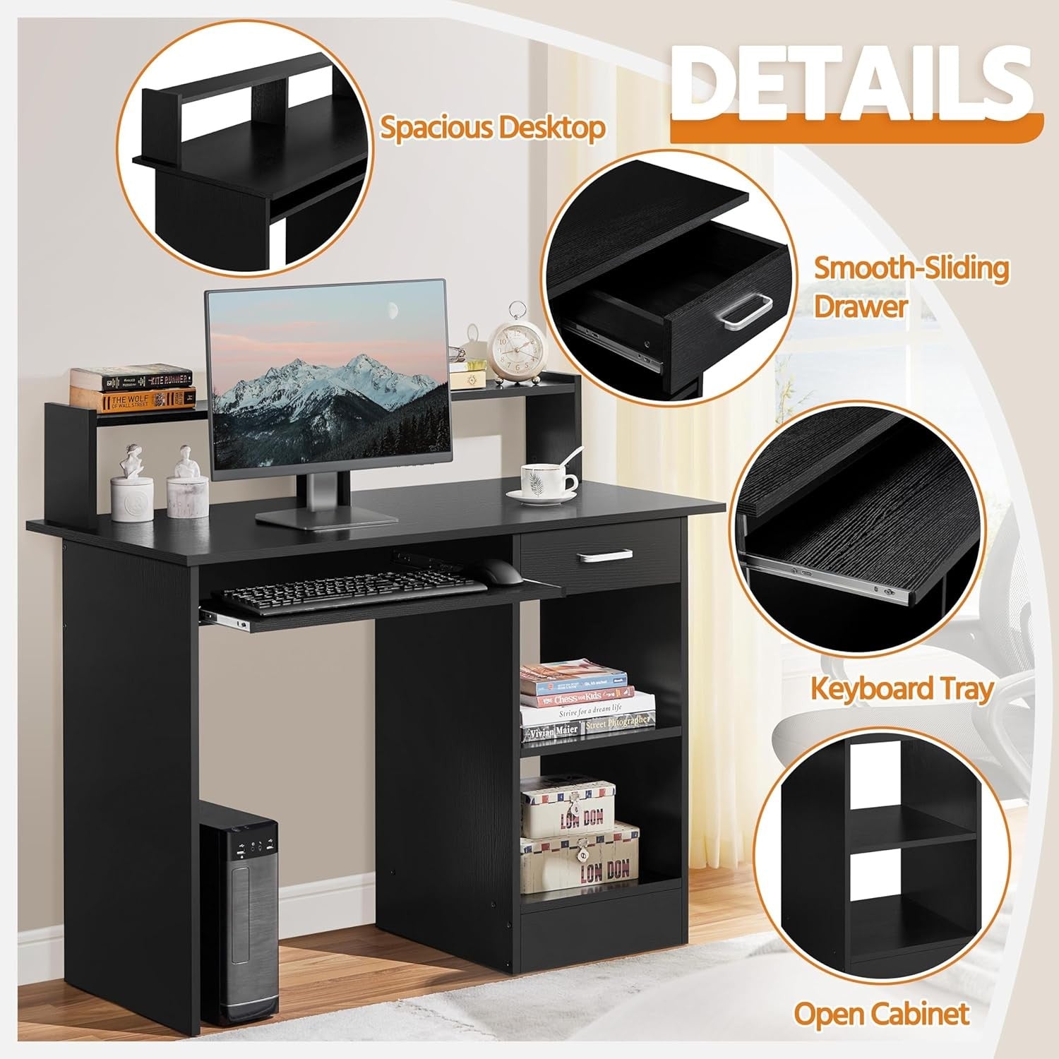 Black Computer Desk with Drawers Storage Shelf Keyboard Tray Home Office