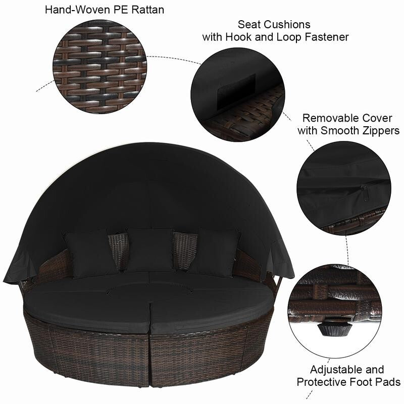 Round Rattan Outdoor Daybed with Retractable Canopy & Cushions Garden Set