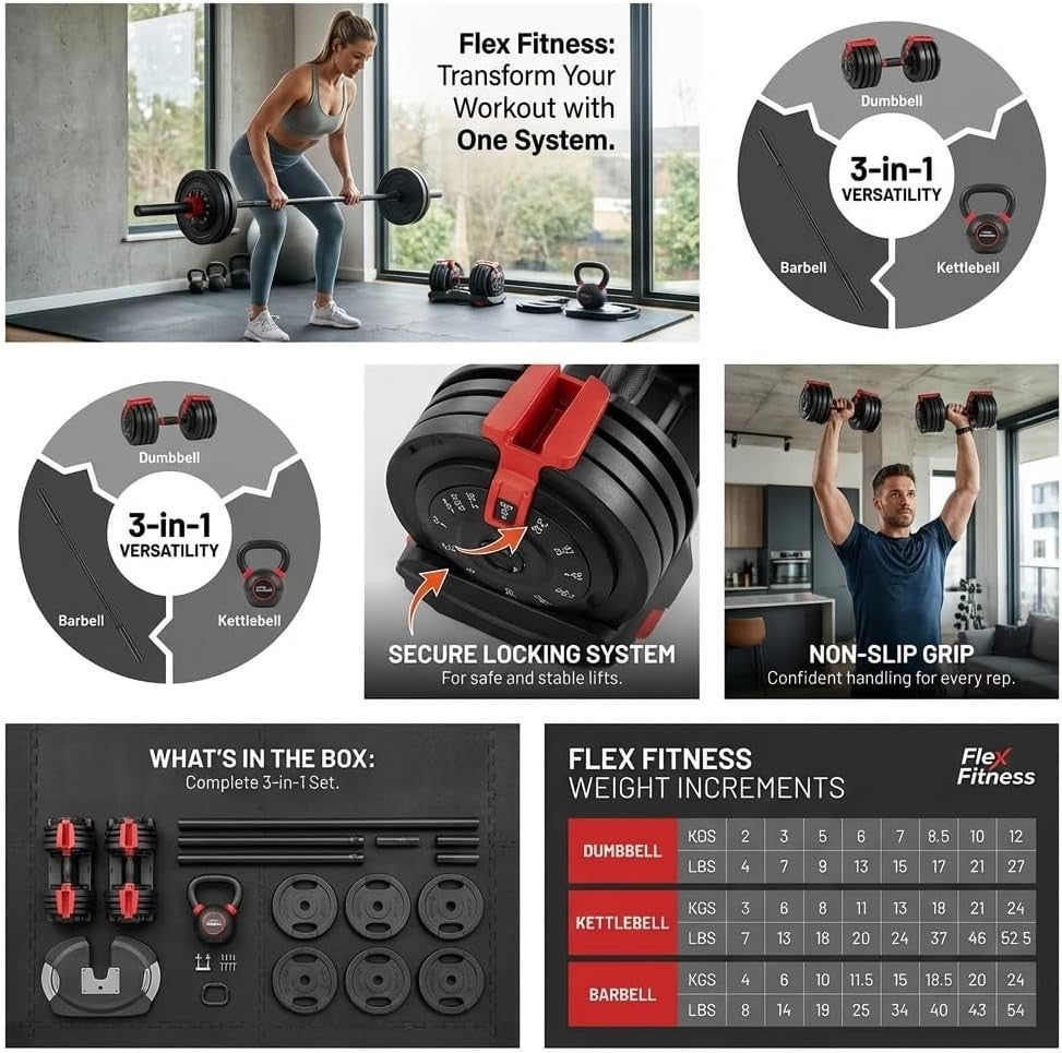 3-in-1 Adjustable Dumbbells 2–24KG Pair Quick Dial Home Gym Weights