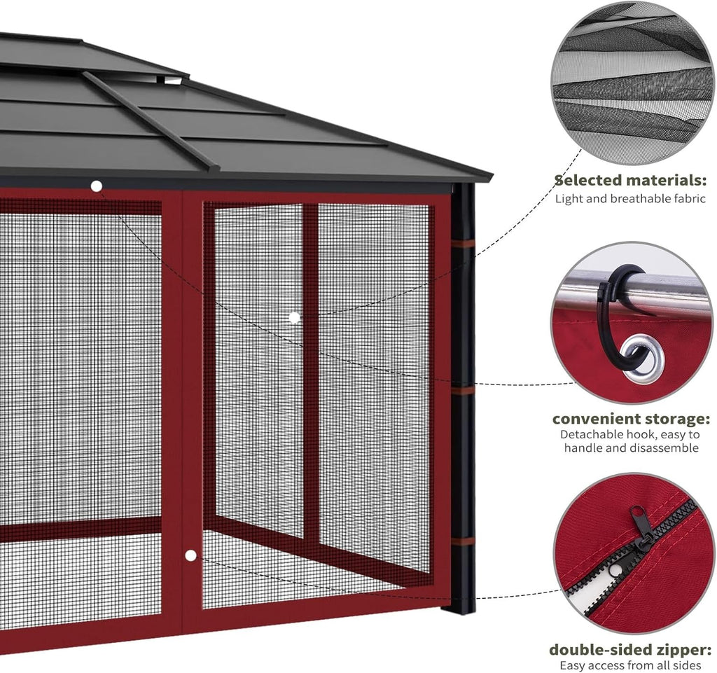 10x12ft Red Gazebo Mosquito Netting 4 Panels Zipper Sidewalls Outdoor