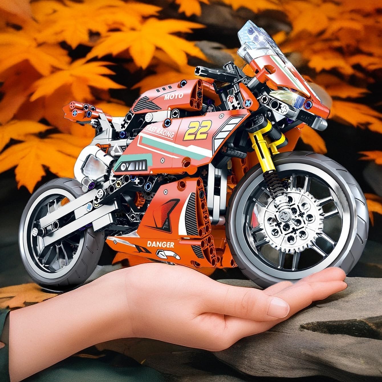470PCS Motorcycle Building Blocks Kit with Moving Chain & Display Stand Gift Toy