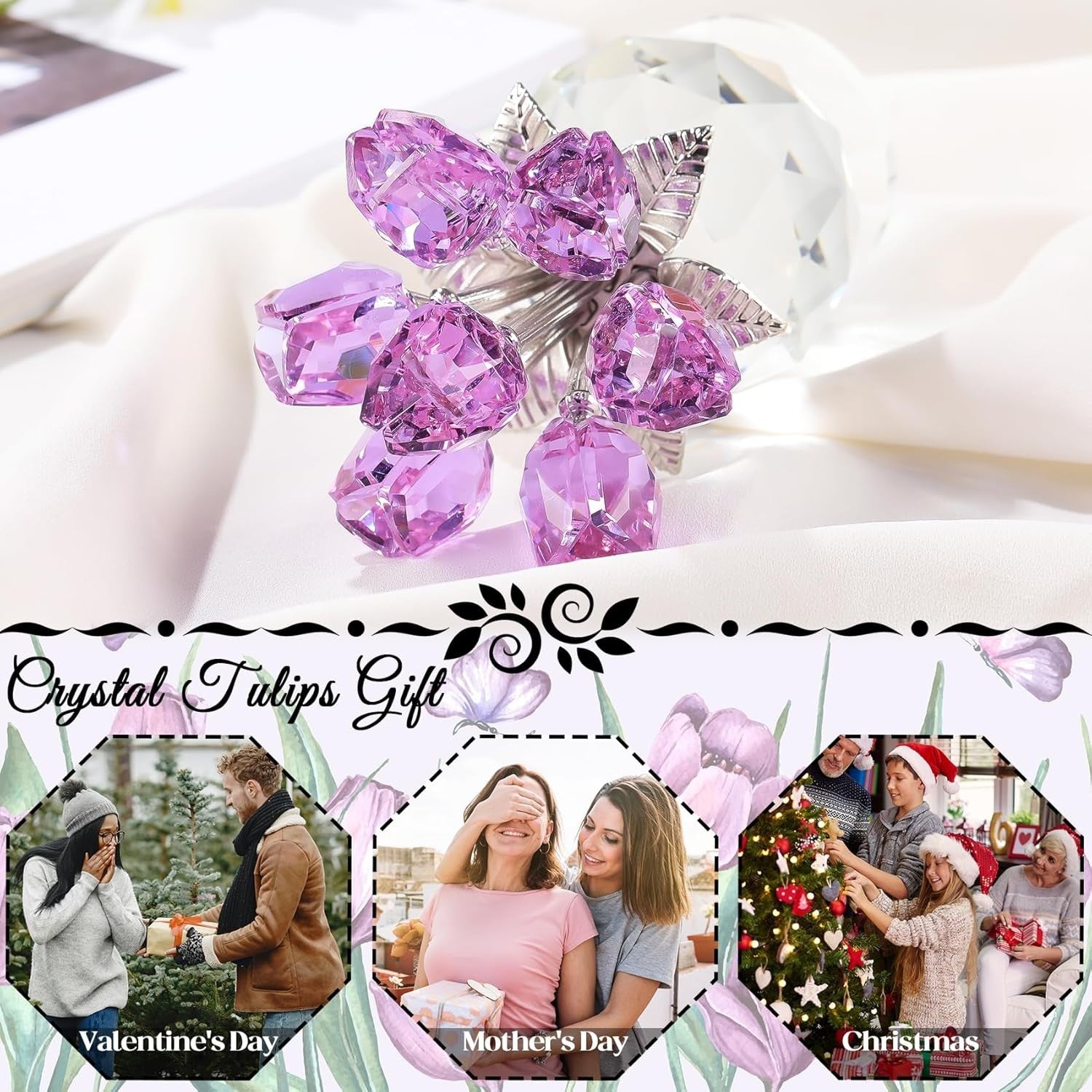 Purple Crystal Tulip Ornament – Luxury Glass Flower Bouquet Gift for Her Décor
