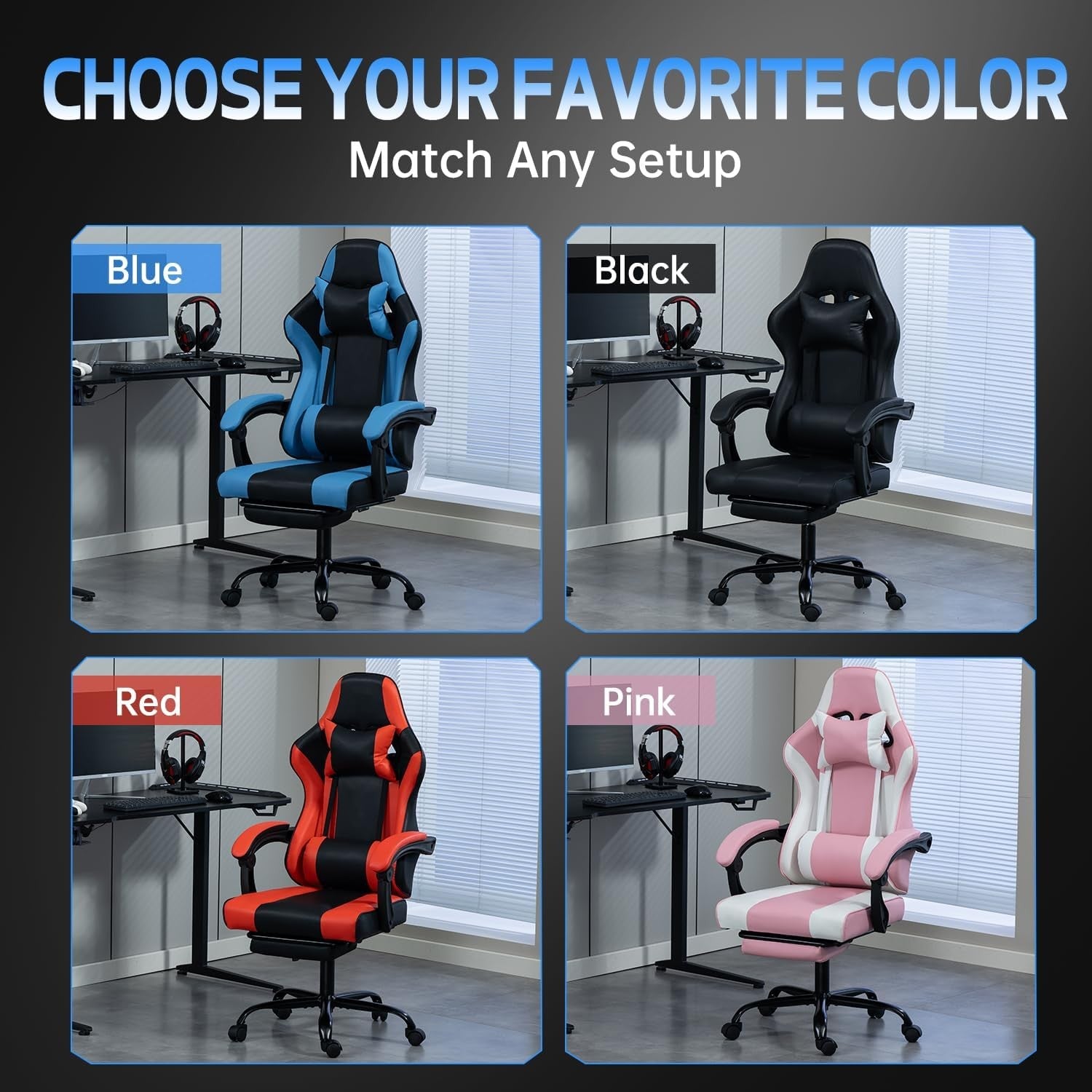 Blue Ergonomic Gaming Chair Recliner Swivel Lumbar Support
