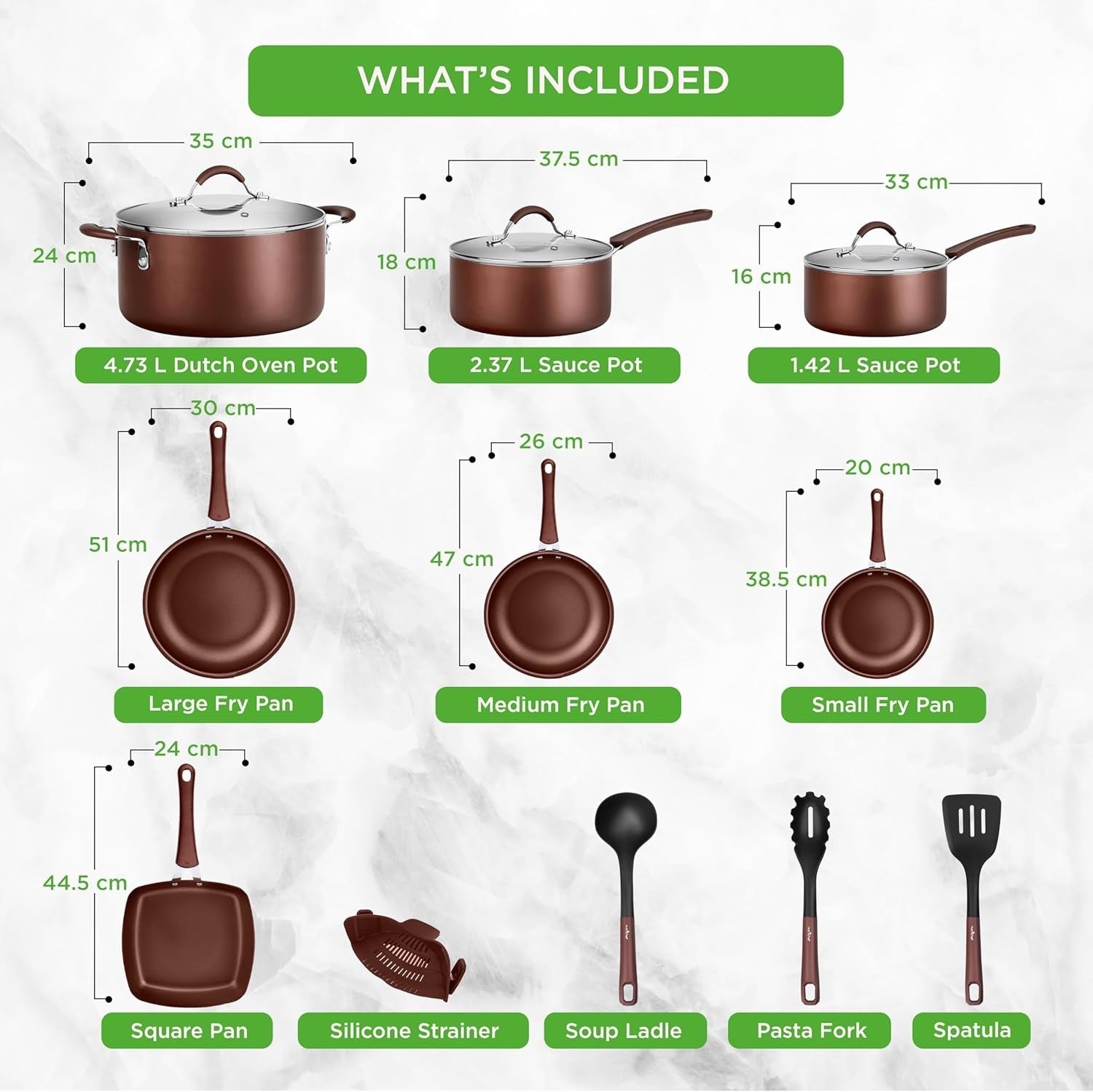 20pcs Brown Non Stick Cookware & Bakeware Set Induction Safe Pots Pans with Lids