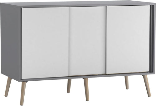 White Sliding Sideboard Cabinet Grey Unit 3 Door Storage Beech Legs