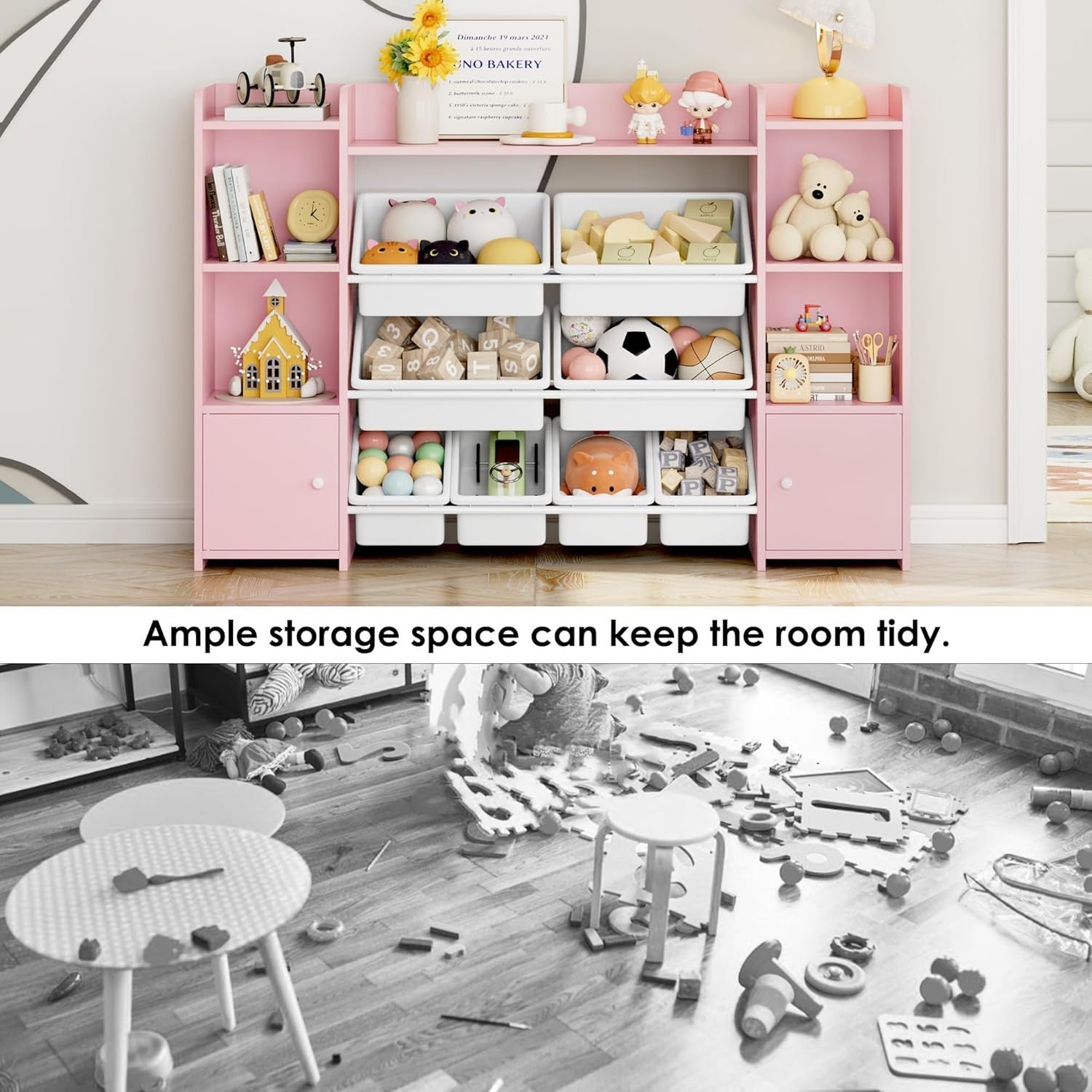 Kids Toy Storage Unit with 8 Boxes & Shelves – Pink Bookcase Organizer