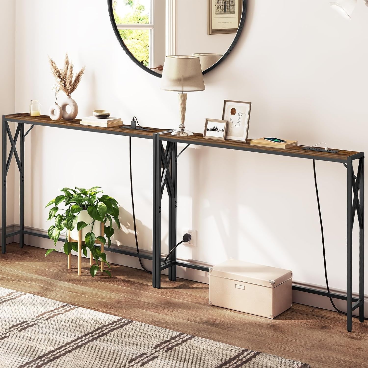 2-Pack Narrow Console Tables with USB Charging & Power Outlets, 100cm