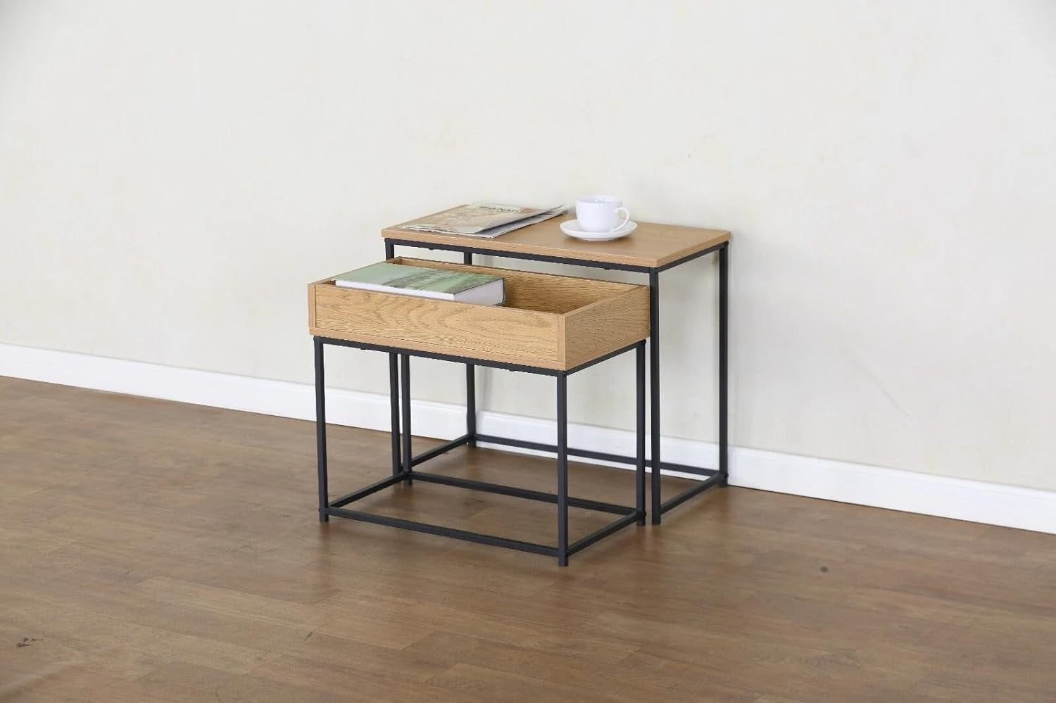 2 Nesting Side Tables Coffee Bedside Modern Steel Frame Melamine Top Black/Oak
