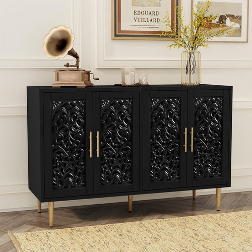Vintage Black Sideboard Cabinet 4 Doors Hollow Carved Storage Buffet