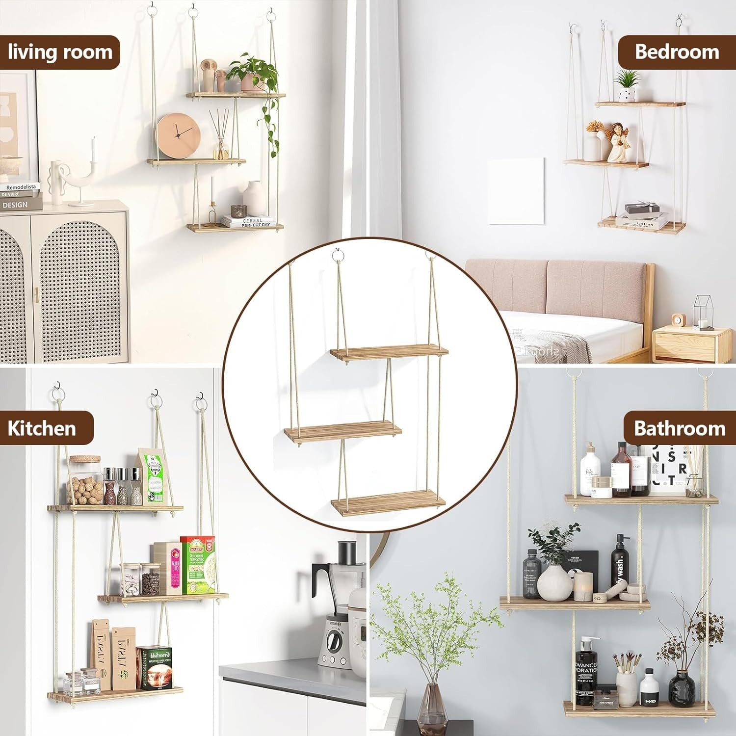 3-Tier Boho Wood Hanging Wall Shelf Floating Storage Rack