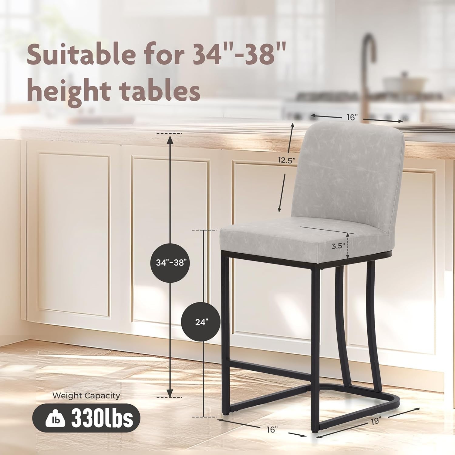 Set of 2 Light Grey PU Leather Bar Stools Modern Kitchen Counter Chairs