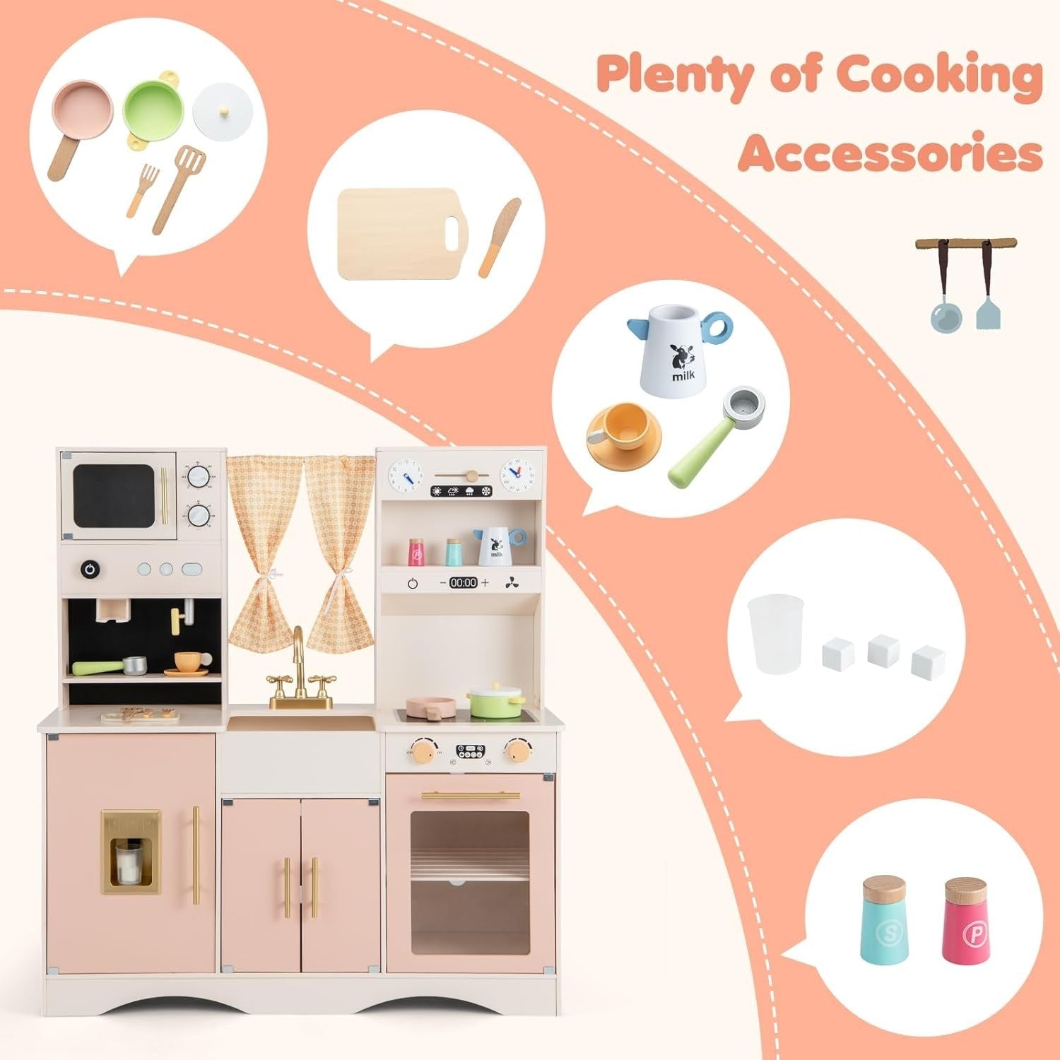 Kids Wooden Play Kitchen Pink w/ Ice Maker Microwave 17 Accessories