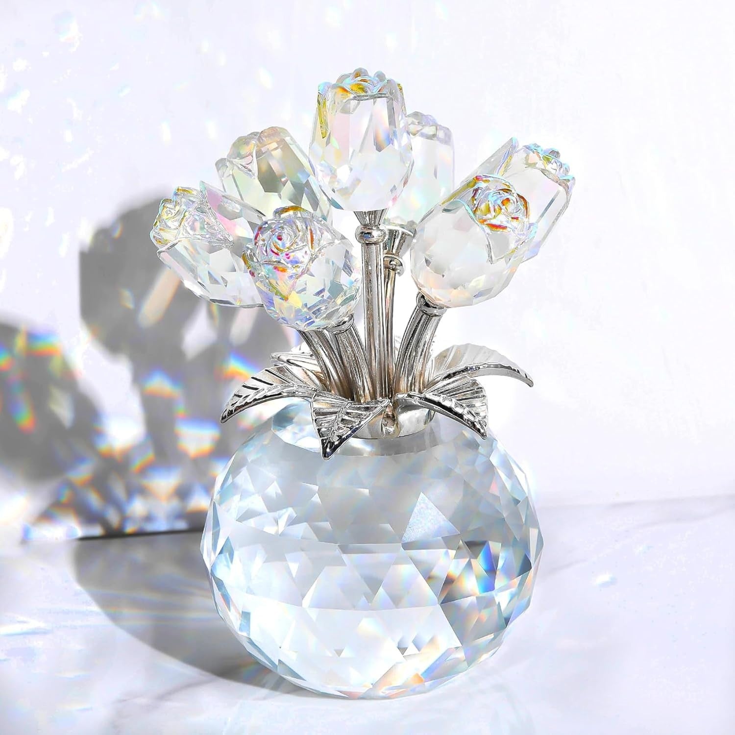 Clear Crystal Rose Bouquet Ornament Gift for Women Mum Birthday Anniversary