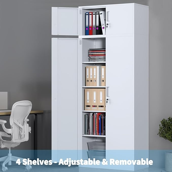Tall White Metal Storage Cabinet with Lockable Doors 4 Adjustable Shelves
