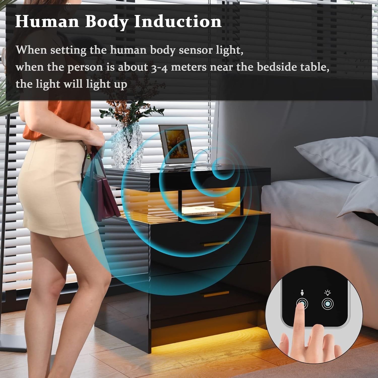 Modern Black LED Bedside Table with Wireless Charging | 2 Drawer Nightstand