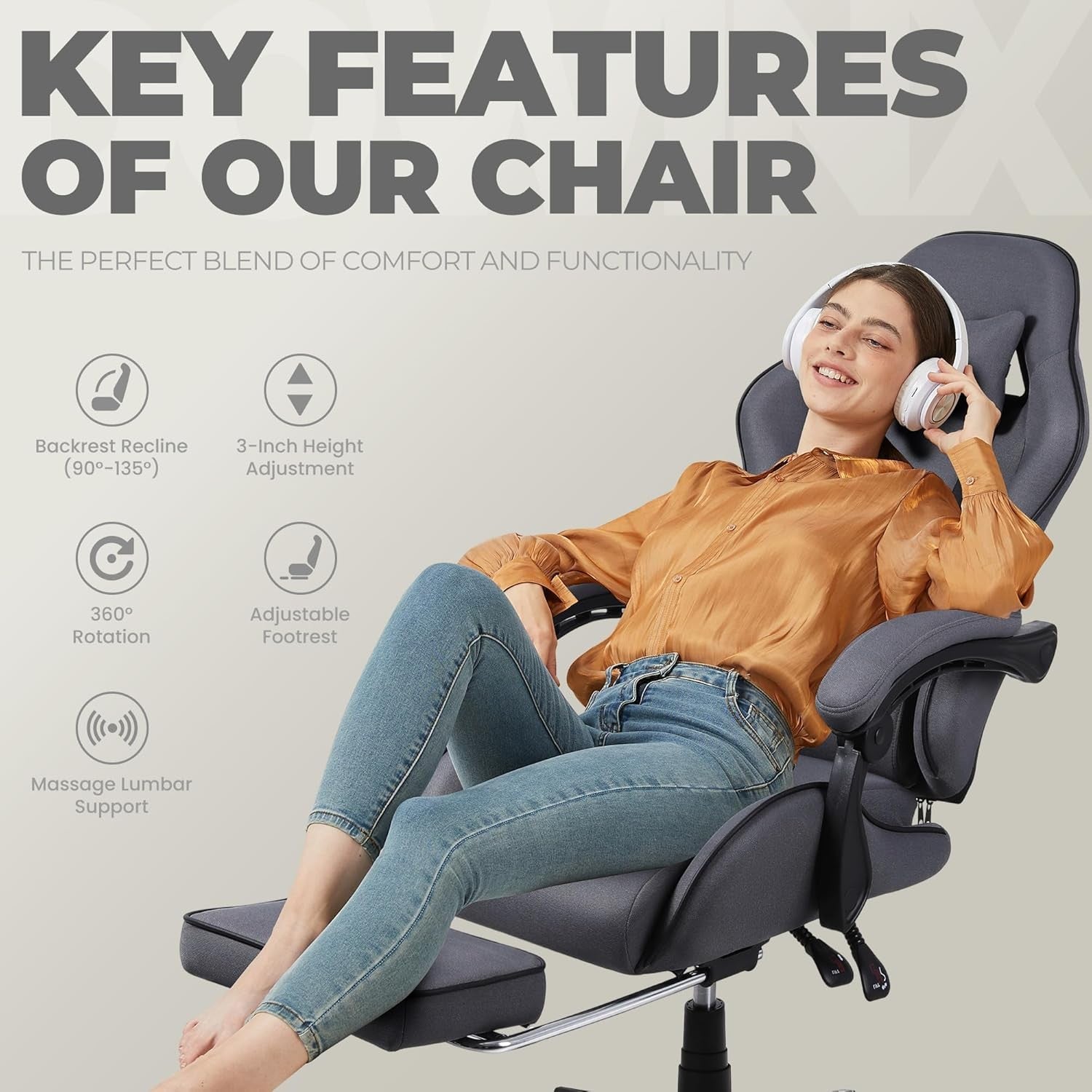 Ergonomic Gaming Chair with Footrest Massage 150kg Dark Sky Grey