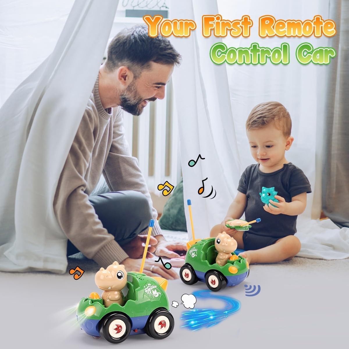 Toddler RC Dinosaur Car Toy with Music Lights Easy Control Gift for Kids 2-4