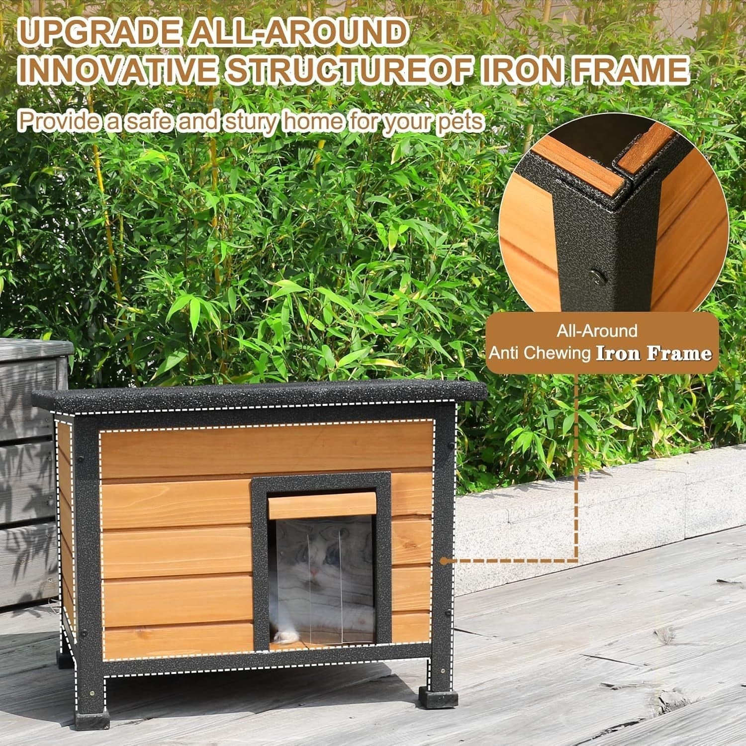 Weatherproof Wooden Cat House with Iron Frame & Waterproof Roof 57x45x43cm