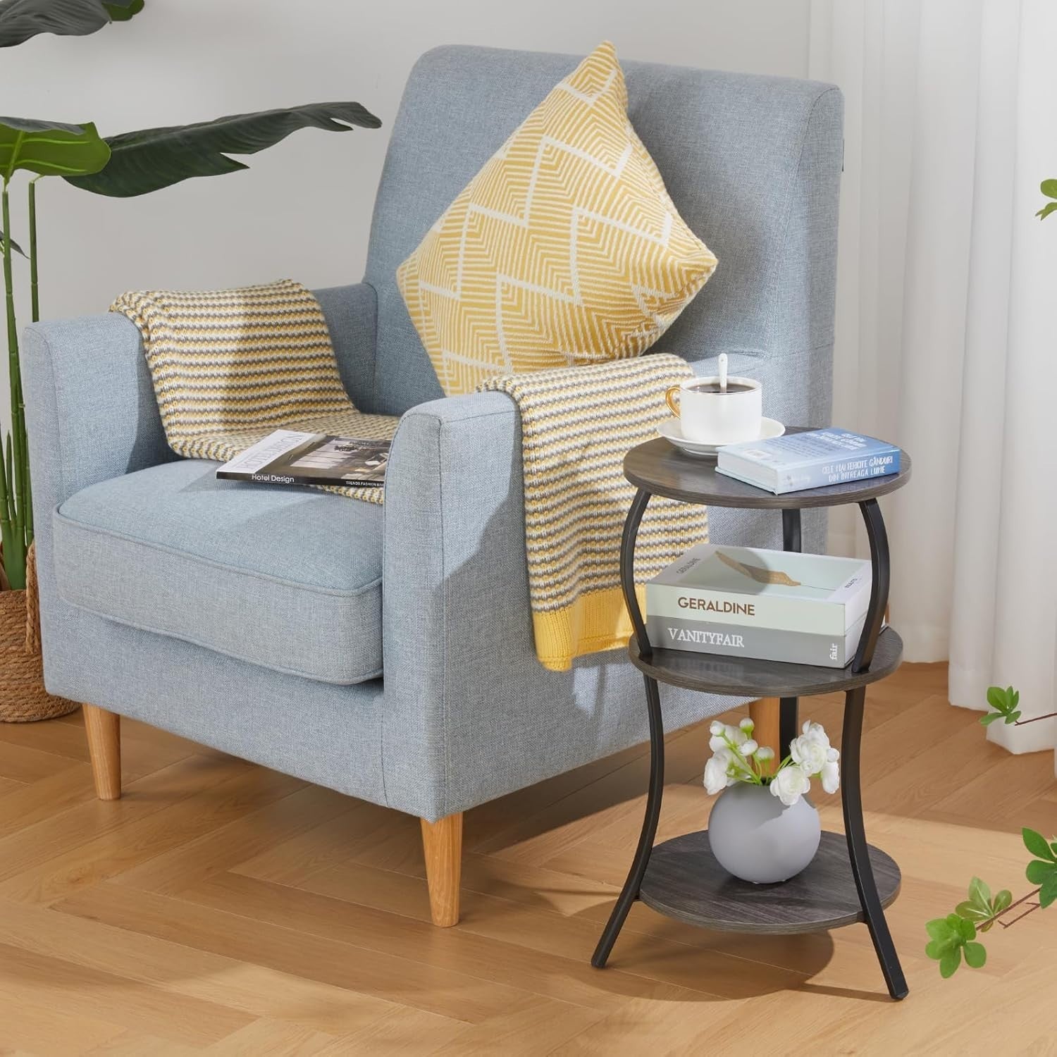 Grey 3-Tier Round Side Table 30x30x55 cm | Slim End Table w/ Storage