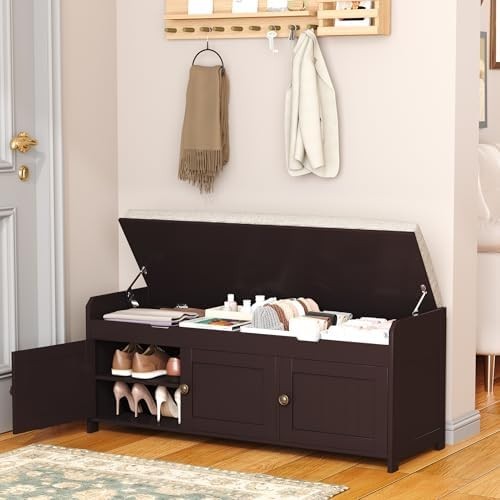 Espresso Shoe Storage Bench with Cushion Seat 3-Door Cabinet, Hidden Compartment
