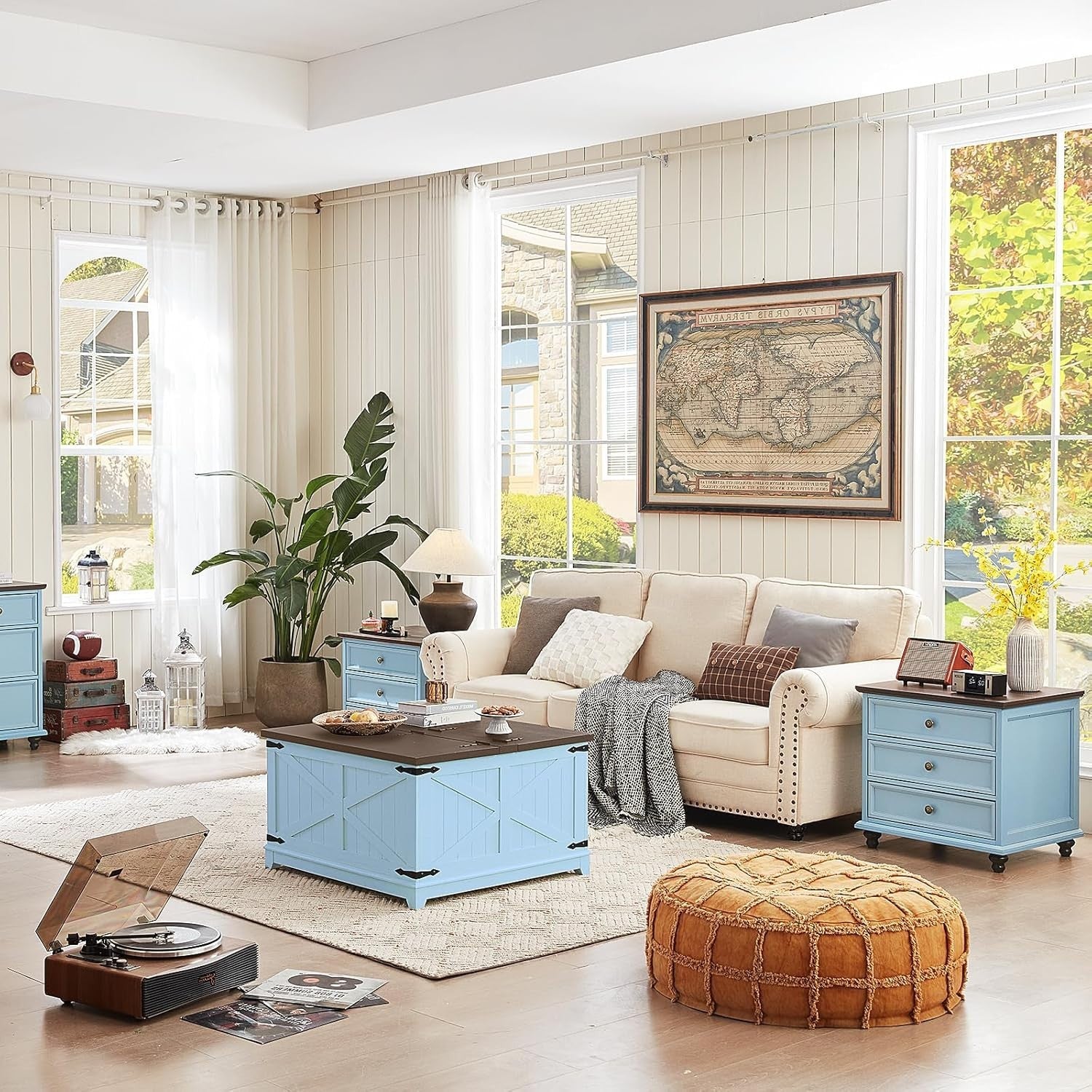 Light Blue Wooden Bedside Table with Drawers – Country Style Nightstand