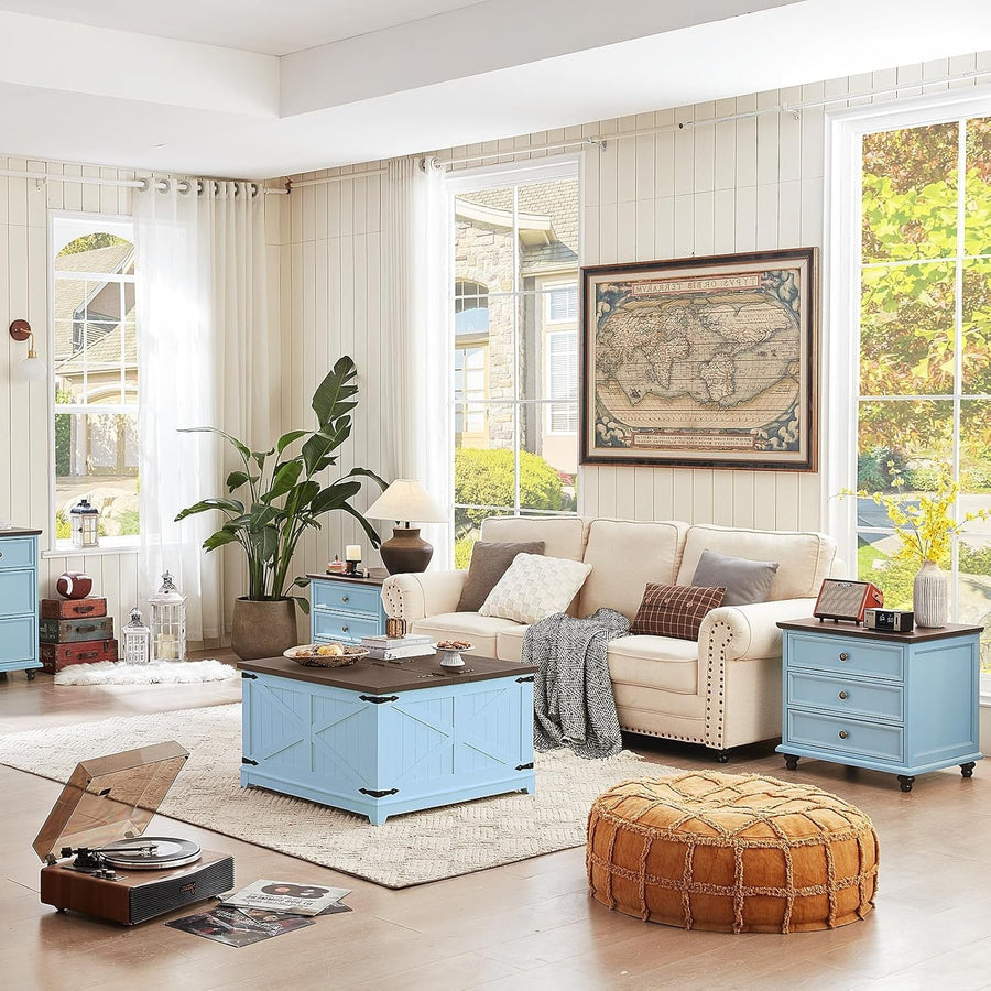 Light Blue Wooden Bedside Table with Drawers – Country Style Nightstand